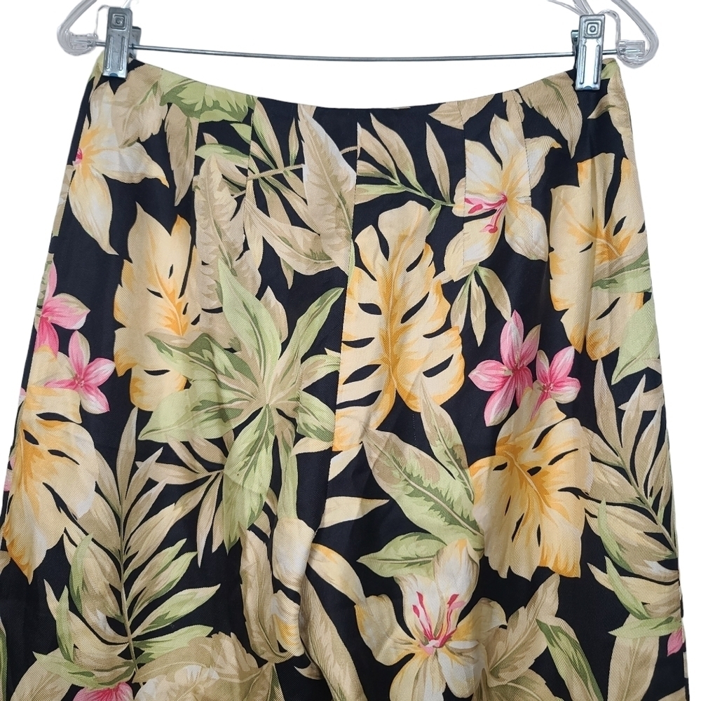 Talbots Floral Tropical Print Tan Yellow Green Pink Black Pure Silk Pants 8 - Picture 5 of 8